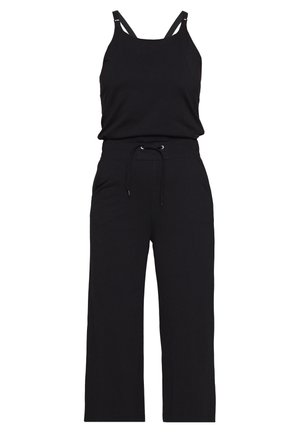 Combinaison noire sans manches avec bretelles ajustables et taille à cordon, pantalon à jambes larges.