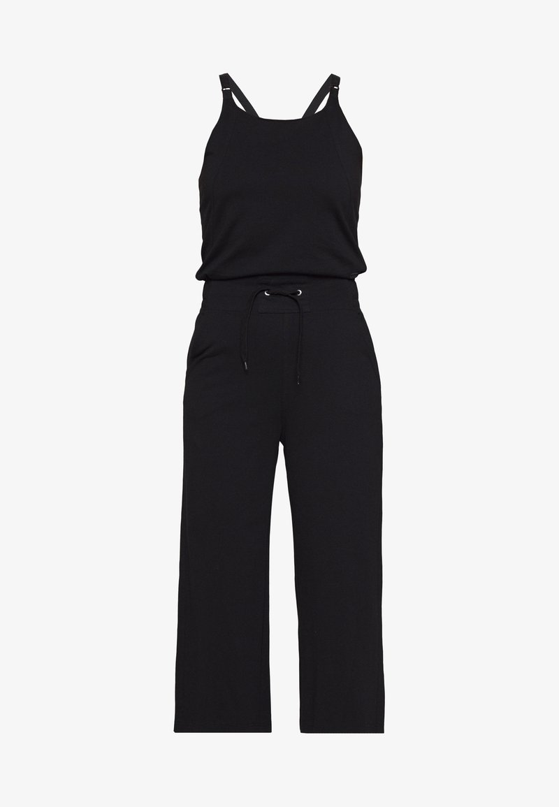 Combinaison noire sans manches avec bretelles ajustables et taille à cordon, pantalon à jambes larges.