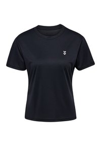 Sort t-shirt med korte ærmer lavet af et glat stof, med en rund halsudskæring og en lille hvid chevron-logo på venstre bryst.