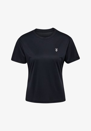 Czarna koszulka z krótkim rękawem, wykonana z gładkiego materiału, z okrągłym dekoltem i małym białym logo w kształcie zygzaka na lewej piersi.