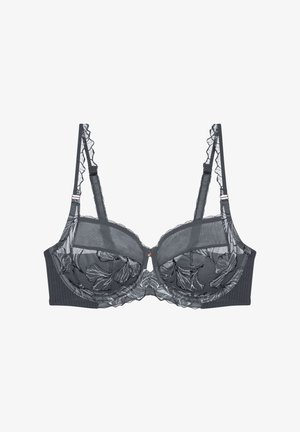 Zwart kanten bh met bloemenborduursels, doorzichtige cups, ruches op de schouderbanden en een geribbelde band. Beschikt over een kleine roségouden accent in het midden.