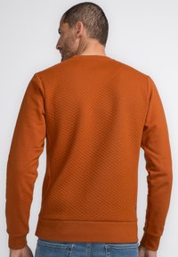 Bruine gewatteerde sweatshirt met een gestructureerd oppervlak, ronde halslijn en geribde mouwen, gecombineerd met blauwe denim jeans.