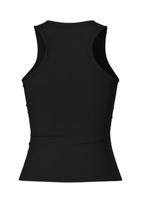 Černý žebrovaný tílko s vypasovaným střihem, širokými ramínky a bezešvou konstrukcí. Hladký povrch bez ozdob.