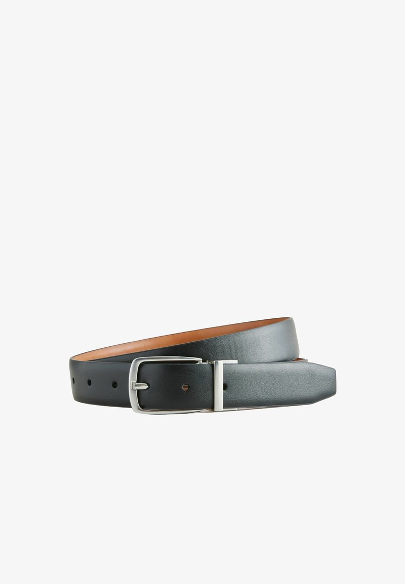 Ceinture en cuir noir à finition lisse, boucle en métal argenté et doublure beige. Comprend des trous espacés uniformément pour l'ajustement et une extrémité effilée.