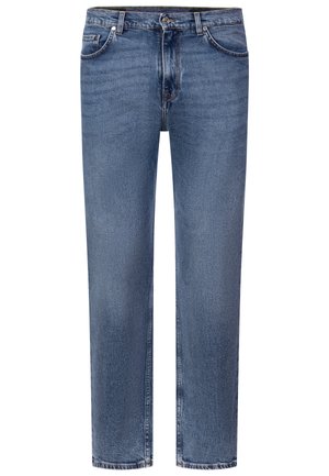 Blaue Denim-Jeans mit geradem Schnitt, fünf Taschen, Gürtelschlaufen und Knopf- sowie Reißverschluss vorne.