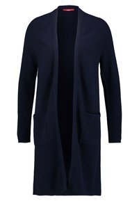 Larga chaqueta de punto azul marino con abertura frontal, de manga larga y dos bolsillos frontales, hecha de tela de punto.