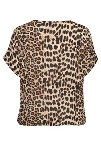 Leopard print short-sleeve top with a loose fit, featuring a blend of beige, brown, and black colors in a soft textured fabric.