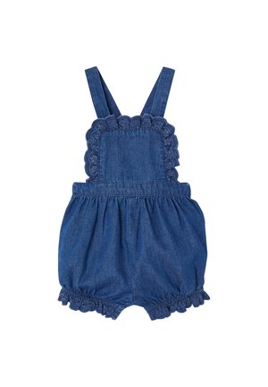 Denim blue baby romper with adjustable shoulder straps and lace trim along the bib and leg openings, gathered waist and legs.