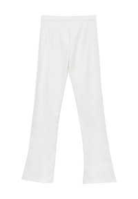 Leggings bianchi a campana realizzati in tessuto liscio e elasticizzato, con una vita media e cuciture verticali per un fit sartoriale.