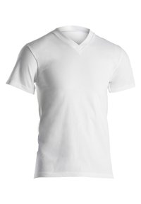 Hvit bomull T-skjorte med korte ermer og dyp V-hals design. Har en glatt tekstur og enkel, minimalistisk stil.