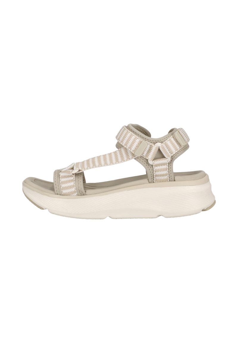 Beige sandal med bred sula, justerbara tygremmar, texturerad vit sula och en rundad design för komfort och stöd.