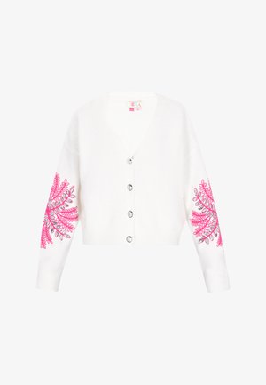Hvid strikket cardigan med dyb V-udskæring, fem sølvknapper og lyserød blomsterbroderi på ærmerne. Kortskaftet design.
