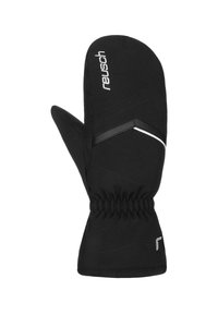 Schwarze Handschuhe aus weichem Stoff, mit einer geschwungenen Form, elastischem Handgelenkbund und kontrastierenden weißen Akzenten im Design.