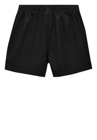 Schwarze Badeshorts aus leichtem Material mit elastischem Bund, die ein einfaches Design ohne äußere Taschen oder Verzierungen aufweisen.