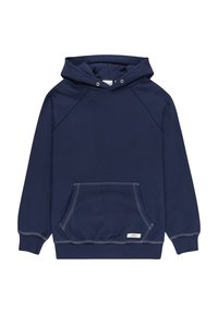 Navy blue hoodie made of soft fabric, featuring a front pocket, ribbed cuffs, and hood with drawstrings. White stitching accents.