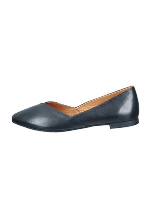 Black leather ballet flat with a pointed toe, open sides, and a low heel. Features smooth texture and minimalistic design.
