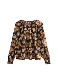 Langmouwige blouse met bruin en beige abstract dierenprint op zwarte achtergrond, ronde halslijn, knoopsluiting aan de achterkant.