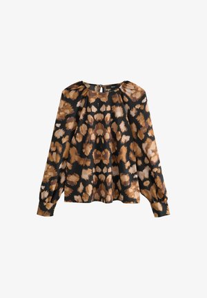 Blusa de manga larga con estampado abstracto de animales en tonos marrones y beige sobre fondo negro, escote redondo y cierre de botones en la parte posterior.