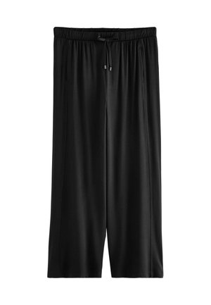 Black, lightweight, elastic waist pants with a drawstring, featuring side pockets and a loose, wide-leg design. Smooth texture.