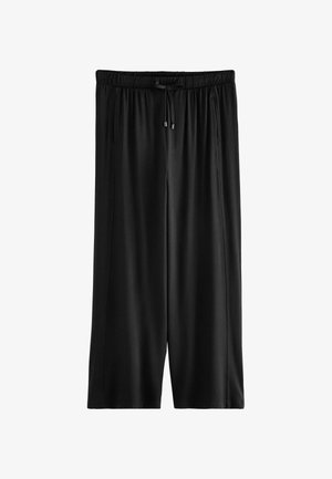 Mustat, kevyet, joustovyötäröiset housut, joissa on nauhakuja, sivutaskut ja väljä, leveä lahjerakenne. Sileä pinta.