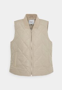 Beżowa pikowana kamizelka bez rękawów z zapięciem na zamek błyskawiczny, żebrowanym kołnierzem i bocznymi kieszeniami. Gładka struktura z detalami w romby.