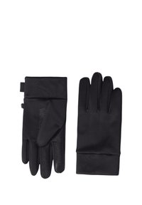 Gants noirs en tissu lisse et extensible, dotés d'une prise texturée sur la paume et d'un revers plié pour plus de chaleur.
