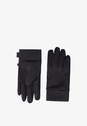 Gants noirs en tissu lisse et extensible, dotés d'une prise texturée sur la paume et d'un revers plié pour plus de chaleur.