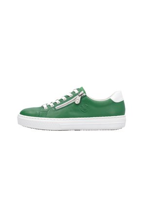 Green leather sneaker with white heel and laces, silver zipper accent on the side, flat rubber sole with textured pattern.