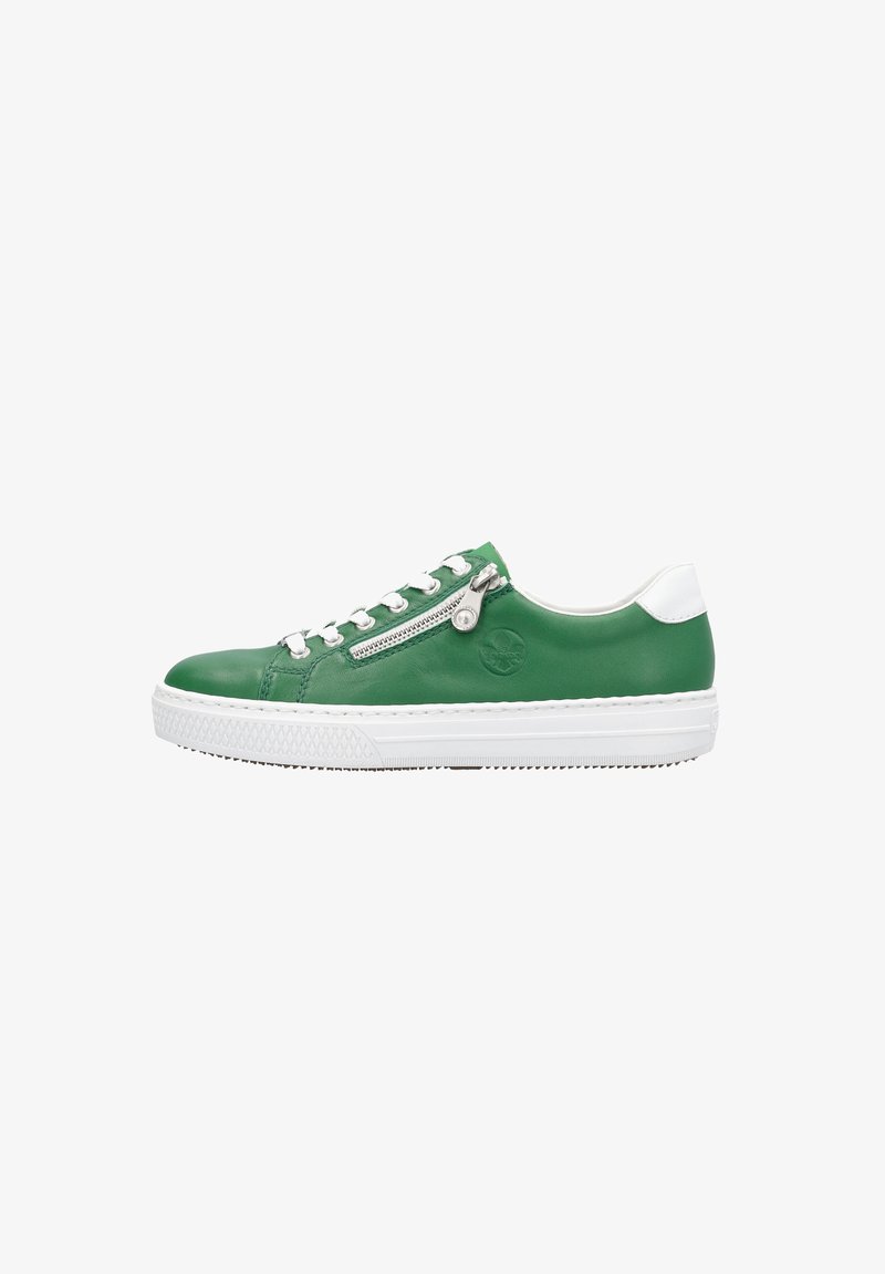 Green leather sneaker with white heel and laces, silver zipper accent on the side, flat rubber sole with textured pattern.