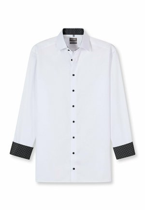 Weißes Langarmhemd mit schwarzen Knöpfen und kontrastierenden gemusterten Manschetten. Glattes Material mit klassischem Kragen und einem schicken Detail am inneren Kragen.