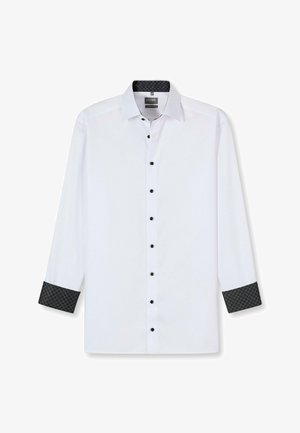 Weißes Langarmhemd mit schwarzen Knöpfen und kontrastierenden gemusterten Manschetten. Glattes Material mit klassischem Kragen und einem schicken Detail am inneren Kragen.