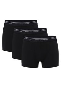Schwarze Baumwoll-Boxershorts im Dreierpack, ausgestattet mit einem weichen, elastischen Bund mit dem Logo "FINSHLEY&HARDING" und einem körpernahen Schnitt.