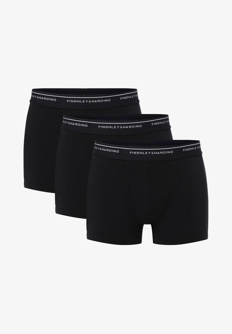 Zwarte katoenen boxershorts in een verpakking van drie, met een zachte elastische tailleband voorzien van het "FINSHLEY&HARDING" logo en een nauwsluitend ontwerp.