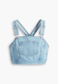 Ljusblå denimkort overall med justerbara axelremmar, framficka och knappränder på sidorna. Slät textur, klassisk design.