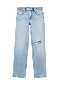 Jeans de mezclilla azul claro con corte recto. Presentan áreas desgastadas, incluyendo un desgarro en la rodilla derecha. Diseño clásico de cinco bolsillos.