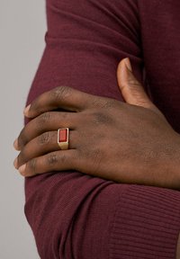 Guld-tonet ring med en rektangulær rød sten, lagt på en mørk hudfarvet hånd, der hviler på et mørkerødt ærme, der fremhæver de glatte teksturer.