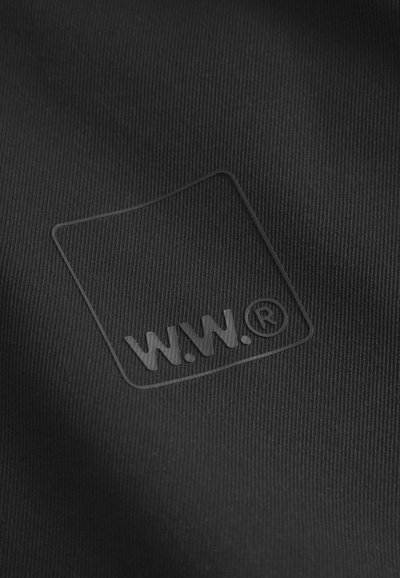 Black textured fabric featuring a subtle embossed logo in a square shape, reading "W.W." inside with a registered trademark symbol.