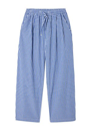 Pantalon à carreaux vichy bleu et blanc, coupe ample, avec taille élastique et cordon devant, longueur totale avec coupe droite.