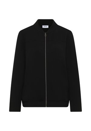 Veste zippée noire avec un col haut, texture lisse et design ajusté. Présente une fermeture éclair centrale et des détails de couture minimaux.