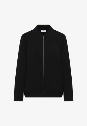 Schwarze Zip-Jacke mit hohem Kragen, glatter Textur und tailliertem Design. Verfügbar mit einem zentralen Reißverschluss und minimalen Nähtenden.