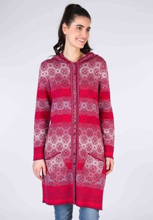 Long hooded cardigan in shades of red with a geometric pattern, button closure, and two front pockets. Soft fabric with a gradient design.