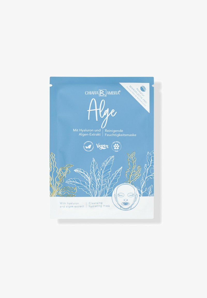 Blue packaging for a hydrating mask featuring algae extract. Design includes illustrations of seaweed and a simplified face graphic. Vegan label.