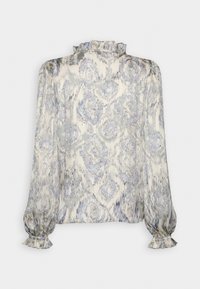 Blouse à motifs floraux en crème clair avec nuances de bleu. Comprend des manches longues bouffantes, un col à volants et des poignets élastiques. Tissu lisse et léger.
