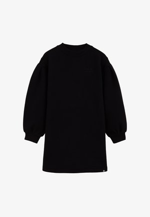 Čierne oversize šaty z mikiny s dlhými balónovými rukávmi, rebrovaným okrajom okolo krku a jemným textovým detailom na prednej strane. Mäkký materiál.