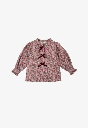 Blusa de patrón floral rojo con mangas largas y abullonadas, puños fruncidos y tres lazos de terciopelo en la parte frontal.