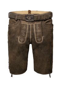 Pantalones cortos de lederhosen de cuero marrón con costuras decorativas, una hebilla de metal y detalles de cordones a los lados. Acabado en gamuza texturizada.