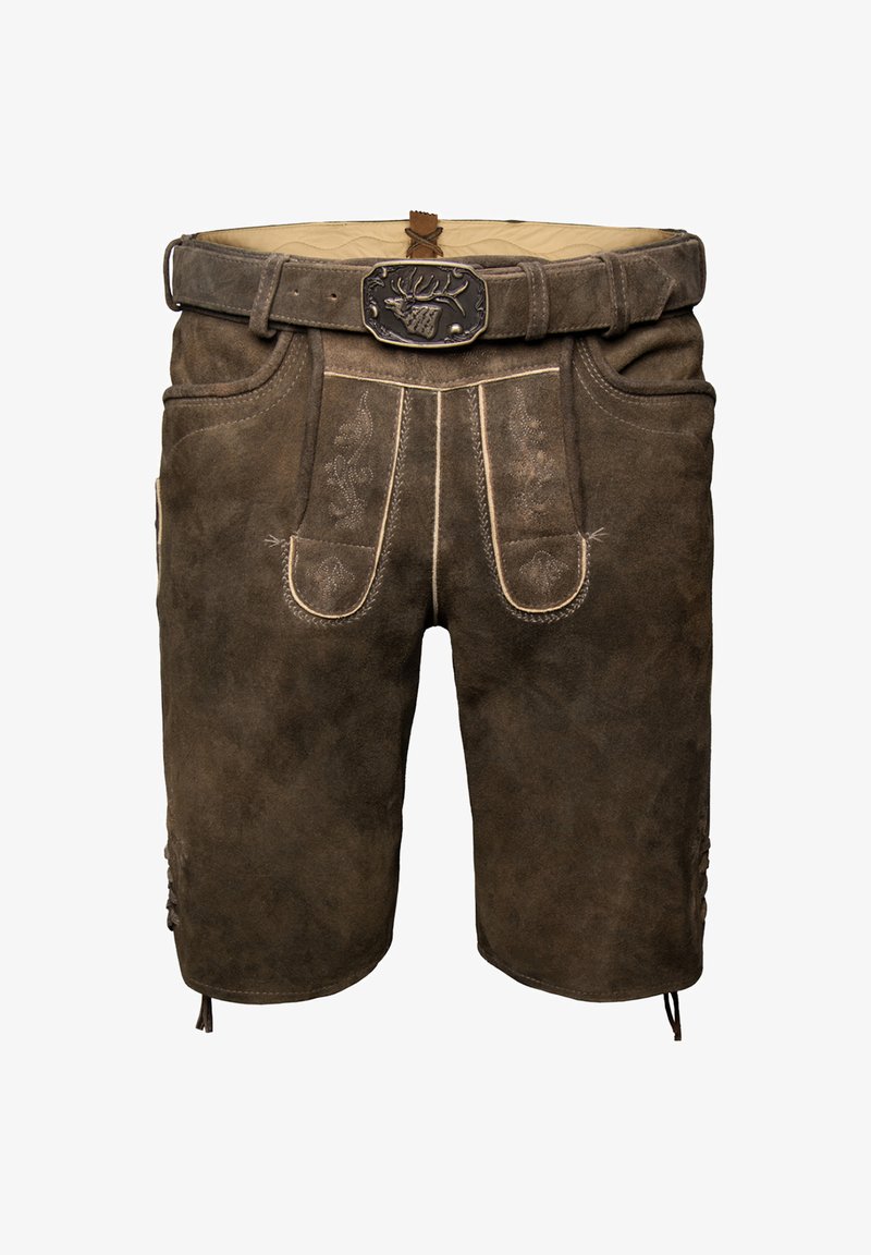 Pantalones cortos de lederhosen de cuero marrón con costuras decorativas, una hebilla de metal y detalles de cordones a los lados. Acabado en gamuza texturizada.