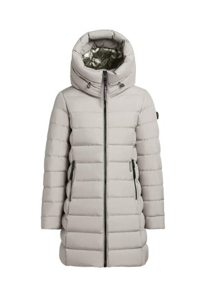 Svetlo siva obložena jakna z visokim ovratnikom, zadrgo in stranskimi žepi; ima gladko tkanino in trdno opremo.