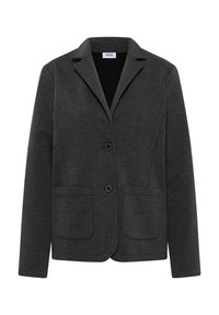 Ciemnoszary żakiet w jodełkę z wyciętym kołnierzem, dwoma przednimi kieszeniami i dwoma czarnymi guzikami. Slim fit z teksturowanej tkaniny.
