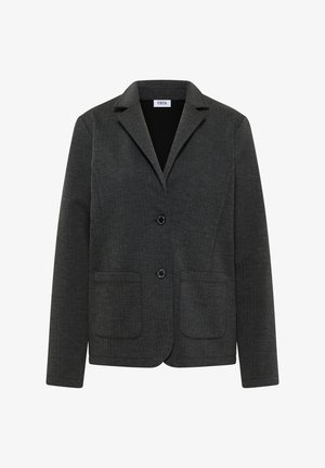 Donkergrijze visgraat blazer met een reverskraag, twee voorkruiden en twee zwarte knopen. Slank model met een gestructureerde stof.